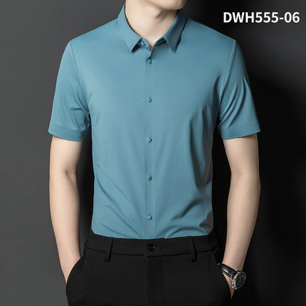 Summer New Vertical Striped Shirt for Men, Short-Sleeved Business Casual High-Elastic Seamless Shirt, Slim Fit Light Business