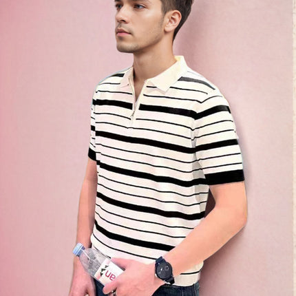 Summer Wear Light Mature Simple Fashion High-end Striped Polo Shirt Men's Young and Young Men's Slim-fit Half-zipper Led T-shirt Men's