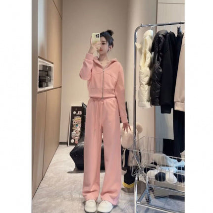 2024 autumn and winter fleece-lined sports leisure suit zipper hooded vests wide leg casual pants Joker slim casual