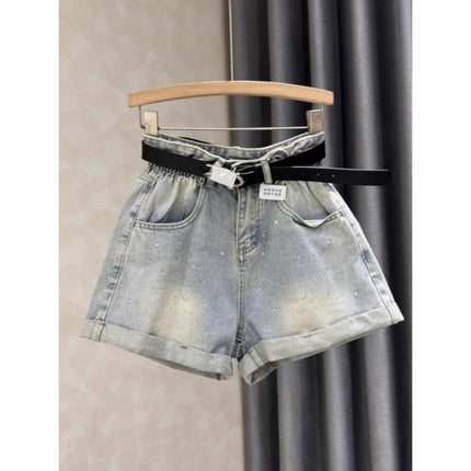 Black Grey Denim Shorts Women's Summer New Western Style Hot Drilling Slim Retro High Waist Curled Wide Leg Pants Hot Trendy Pants