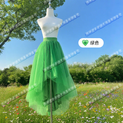 Spring and Summer New Colorful Dopamine Multi-Layer Mesh Skirt with Short Front and Long Back, Irregular High Waist Slimming Elastic Waist Skirt