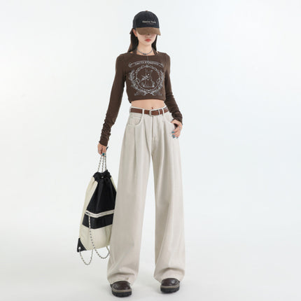 Korean Style Pleated Loose Wide Leg Jeans Women's 2024 Autumn New High Waist Drape Slimming All-match Straight Pants