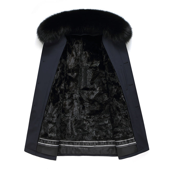 Men's Pure Color Winter Warm Outwear with Fur Collar Liner Removable Mid-Length Thickeneded Pie Jacket