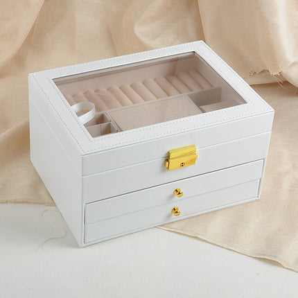 Jewelry Box Three-Layer Leather Jewelry Bracelet Storage Box with Hardware Lock and Window for Rings and Earrings Gift Box