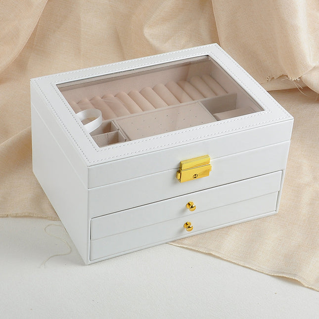 Jewelry Box Three-Layer Leather Jewelry Bracelet Storage Box with Hardware Lock and Window for Rings and Earrings Gift Box