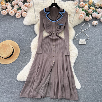Cross-Border Aliexpress New Color-Blocked Lapel Knitted Dress Embroidered French-Style Long Dress Waist-Cinching Slimming Sweater Dress for Women