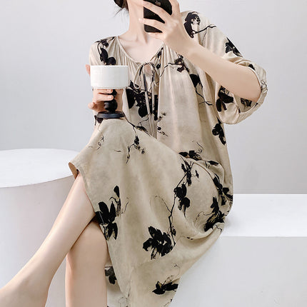 Mishiti Cotton Silk New Chinese Style Short-Sleeved Nightgown for Women, Summer Thin Style, National Style Cotton Silk Home Wear, Can Be Worn Outside