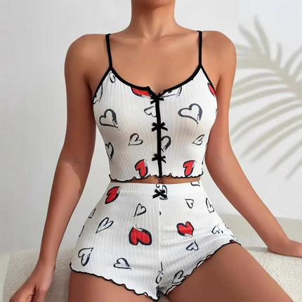2024 Amazon AliExpress New Product Heart-shaped Printed Contrast Home Clothes Front Split Sling Pajamas suit