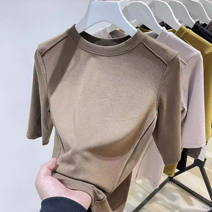 Fishbone Short-Sleeved T-Shirt for Women 2025 Spring New Design Sense of Design Slimming Look Elastic Mid-Sleeve Top T-Shirt