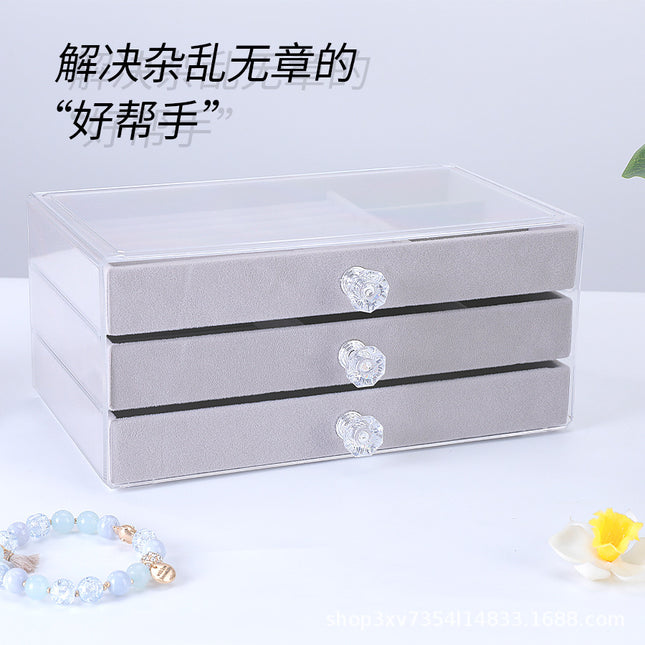 Cross-Border Popular Storage Box Three-Layer Velvet Dust-Proof Drawer-Type Jewelry Box Necklace Earrings Earrings Ring Storage Box