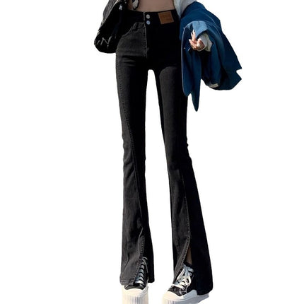 Black Spiggy Spiggy Jeans Women's Trendy All-match New High Waist Slim-fit Loose Slim-fit Design Flared Pants