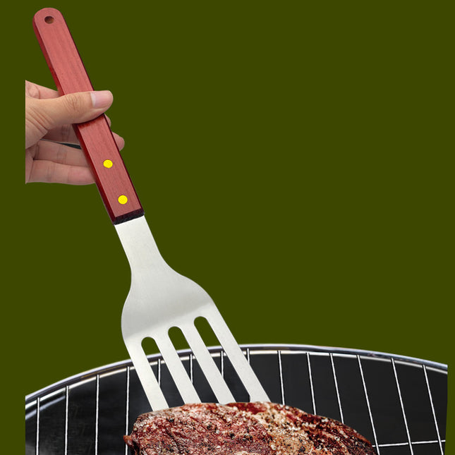 Outdoor camping barbecue tools combination stainless steel grill suit wooden handle fork shovel clip BBQ accessories cloth bag