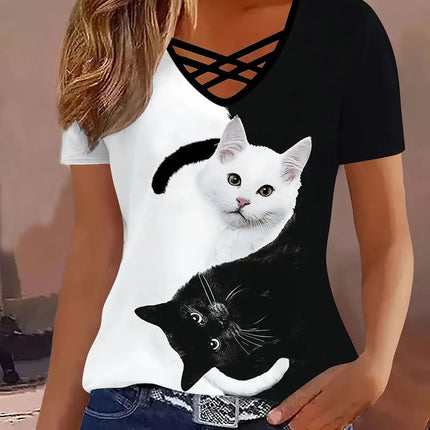 European and American 2025 Amazon TEMU Spring and Summer Explosions Color Crossover V-neck Striped Elegant Casual Short-sleeved T-shirt for Women