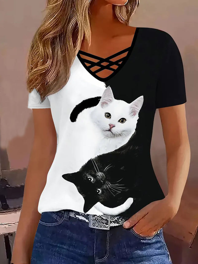 European and American 2025 Amazon TEMU Spring and Summer Explosions Color Crossover V-neck Striped Elegant Casual Short-sleeved T-shirt for Women