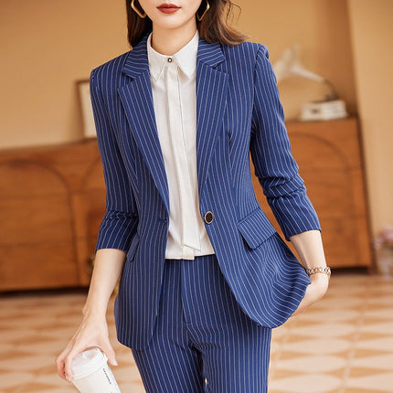 Autumn Viscose Commuter Loose Elegant Pants Suit Striped Small Suit Green Long Sleeve Elegant Commuter Women's Clothing