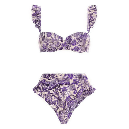 2024 European and American Swimwear New Mini Ruffled Purple Dragonfly Printed Swimsuit suit Women's Cross-border Explosions