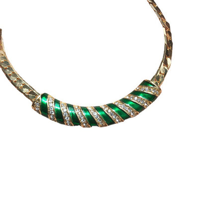 Artistic Retro Green Enamel Glaze Plated Real Gold Copper Chain Necklace Pearl Diamond Earrings Elegant Set