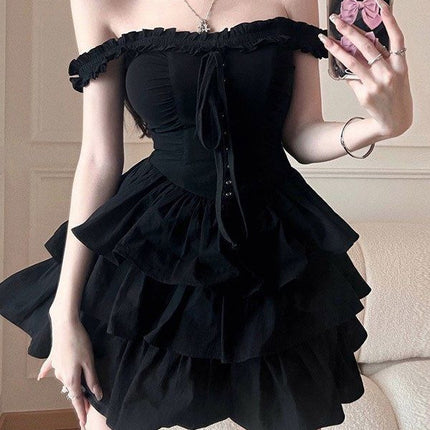 French Sweet and Spicy Black Dress, Chic and Beautiful Summer Dress with Discreet Design, Princess Suspender Puffy Skirt