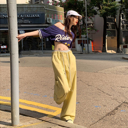Korean Style Casual Style 2025 Spring and Summer New Plaid Stitching Double Waist Drawstring Pocket Loose Wide Leg Casual Pants for Women