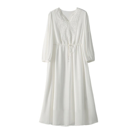 2024 summer white Victoria fairy skirt positioning embroidery light and elegant Qiaoqi mulberry silk dress