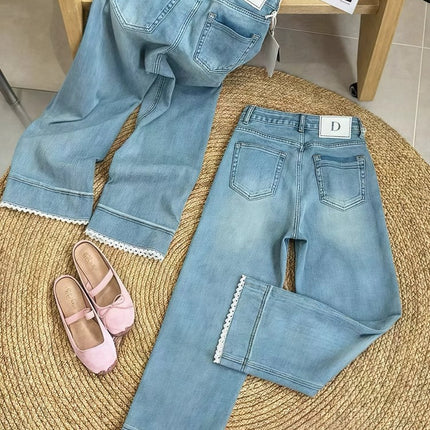 Light Blue Lace Splicing Jeans for Women Summer New Large Size Fat mm Pear-Shaped Figure High Waist Slim Straight Pants