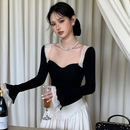 L138TP Solid Color Lace Stitching Long-sleeved French Elegant Slim-fit Short T-shirt Lotus-sleeved 2024 Autumn Women's Top