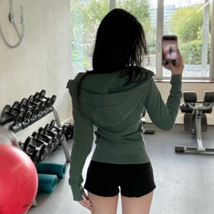 Forest Green Slim Casual Sweatshirt Hooded Jacket Women's Sports Yoga Fishbone New Top Korean Style Early Autumn Thin