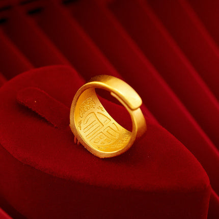 Men's Ring from the Same Style as in Gold Stores, Vietnamese Sand Gold Plated with Real Gold, Men's Fortune-Attracting and Wealth-Enhancing Open Ring with the Character "Fu" on It