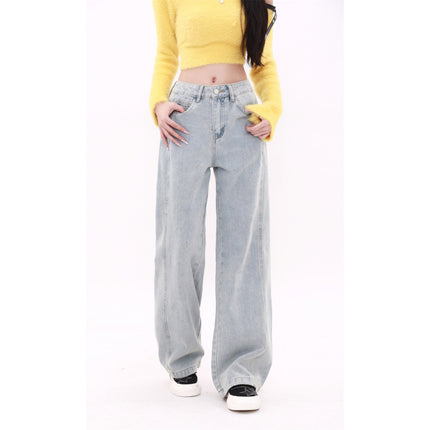Real Shot Design Sense light blue Straight Jeans Spring New High Waist Loose Slimming Pop Warm Pants