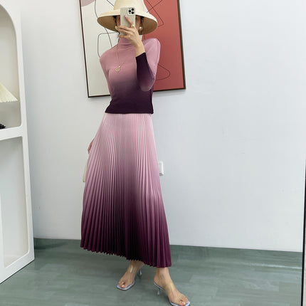Textured Pleated Bottoming Shirt for Women, Elegant High Collar, Slim Fit, Miyake Non-Balling Gradient Long-Sleeved T-Shirt Top
