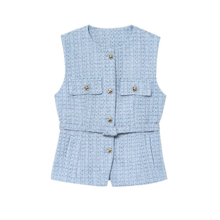 European and American 2024 New Autum Women's Retro Sleeveless Slim Fit with Belt Sequin Textured Vest 9298725