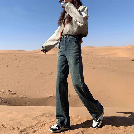 plus size Cement Grey Straight Leg Jeans Women's Fashionable All-match New High Waist Slimming Narrow Style Wide Leg Pants