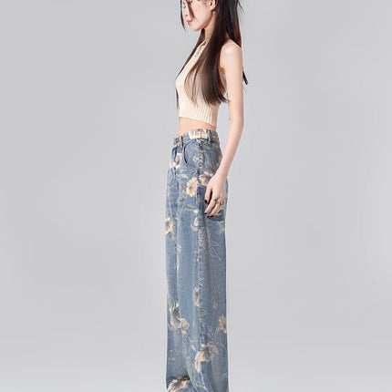 Vintage Printed Jeans for Women, Spring and Autumn New Design, Niche Loose Wide-Leg Floor-Length Pants, Trendy on Instagram