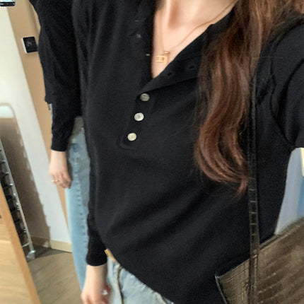 Elegant Slimming Button Design Long Sleeve T-Shirt for Women Early Spring Slim Fit Casual Base Layer Top