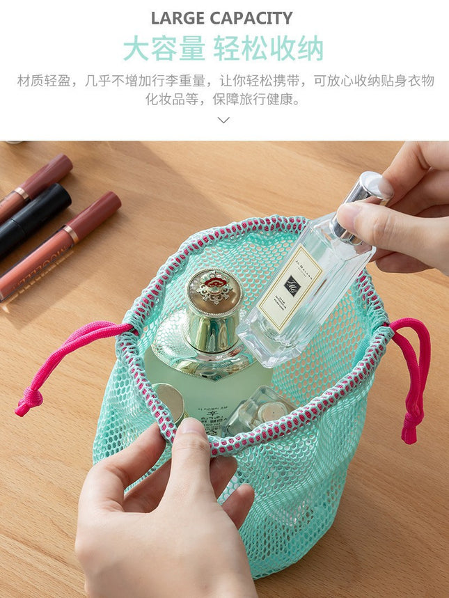 Japanese-Style Drawstring Mesh Makeup Bag Portable Travel Toiletry Bag Water-Draining Drawstring Storage Bag Swimming and Bathing Bag