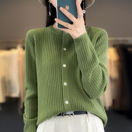 Spring and Autumn New Round Neck Cashmere Cardigan Women's Loose Casual All-match Long Sleeve Sweater Fashionable Elegant Outer Jacket