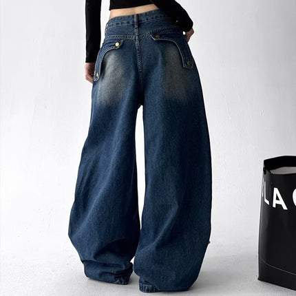 American Retro Raw Edge Embroidered Washed Scimitar Jeans Autumn Men's and Women's Street Loose Wide-Leg Floor-Length Pants