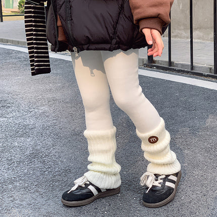 Girls New Winter Lamb Velvet Windproof Foot Dark Striped Socks Round Letter Embroidered M Stereo Leggings