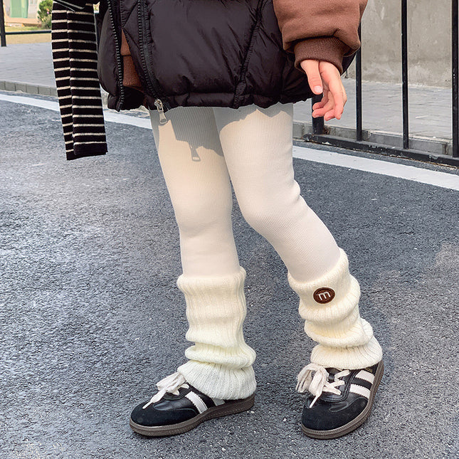 Girls New Winter Lamb Velvet Windproof Foot Dark Striped Socks Round Letter Embroidered M Stereo Leggings