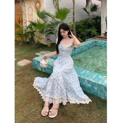 Korean Style Large Size Gentle Style Suspender Dress Women's New Summer Floral Skirt Fat mm Slimming Look Lace Splicing Long Skirt