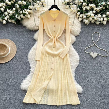 Cross-Border Fast Selling Elegant Slim-Fit Polo Collar Women's Dress 2026 New Style Knitted Long Dress