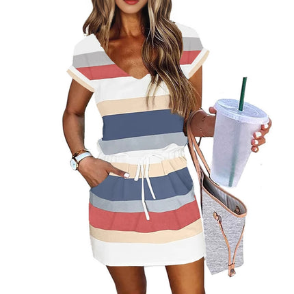 Women's Colorful Striped Printed V Neck Short Sleeve Drawstring Elastic Waist Pocket Pullover Dress