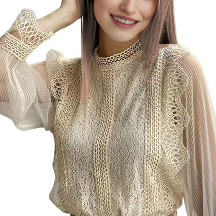 Europe, America and Russia Cross-border Foreign Trade New Elegant Solid Color Mesh Long Sleeve Puff Sleeve Crewneck Top Women's Lace Shirt