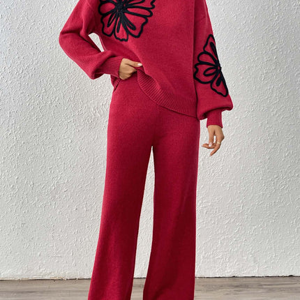 Cross-Border European and American Women's Clothing Set: Ribbon Embroidery Floral Half-High Collar Lantern Sleeve Pullover Sweater and Straight Wide-Leg Pants Two-Piece Set