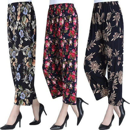 Middle-Aged and Elderly Women's Summer Thin Floral Pants, Loose Fit, Ice Silk Cropped Granny Pants, Direct from Manufacturer