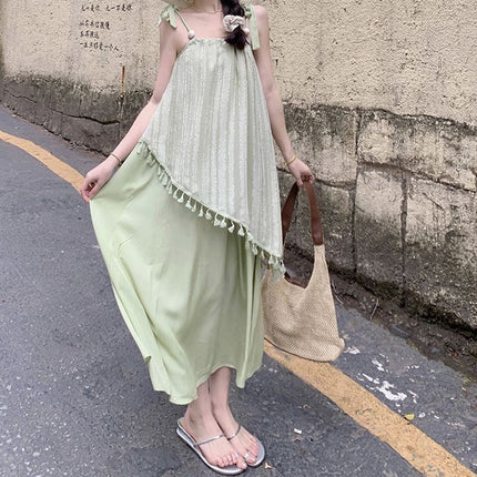 Seaside Resort Style Suspender Dress for Women Summer Small Fresh Green Tassel Splicing Fake Two-piece Elegant Long Skirt