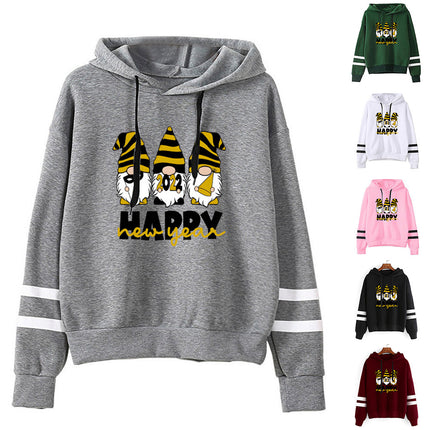 Santa happy printed parallel bars striped hooded hoodie European and American men's and women's European size cross-border autumn and winter