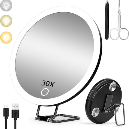 New 30 times magnification makeup mirror charging led light with lamp 360 degree bracket with lamp mirror 3 suction cup 10X20X