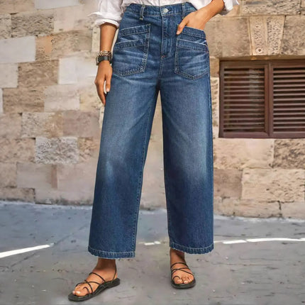 European and American Cross-Border Elastic Mid-Waist Wide-Leg Plus-Size Jeans Retro Washed Hem Brushed Pocket Cropped Pants