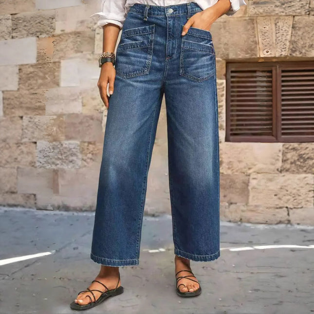 European and American Cross-Border Elastic Mid-Waist Wide-Leg Plus-Size Jeans Retro Washed Hem Brushed Pocket Cropped Pants